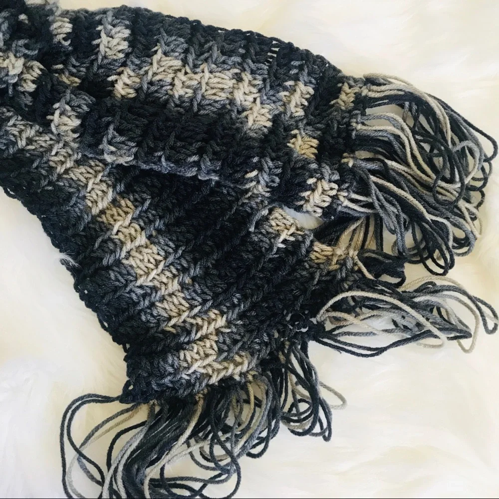 Hand Knit Blue Gray Cream Chunky Scarf Fringe Flower Detail